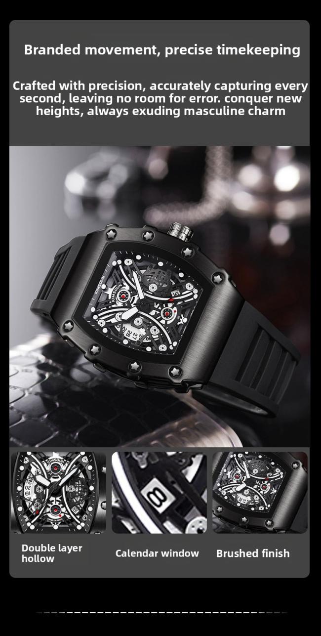 Men’s Tonneau Hollow‑Dial Quartz Watch, Stainless‑Steel Case Soft Silicone Strap Sports Wrist Watch