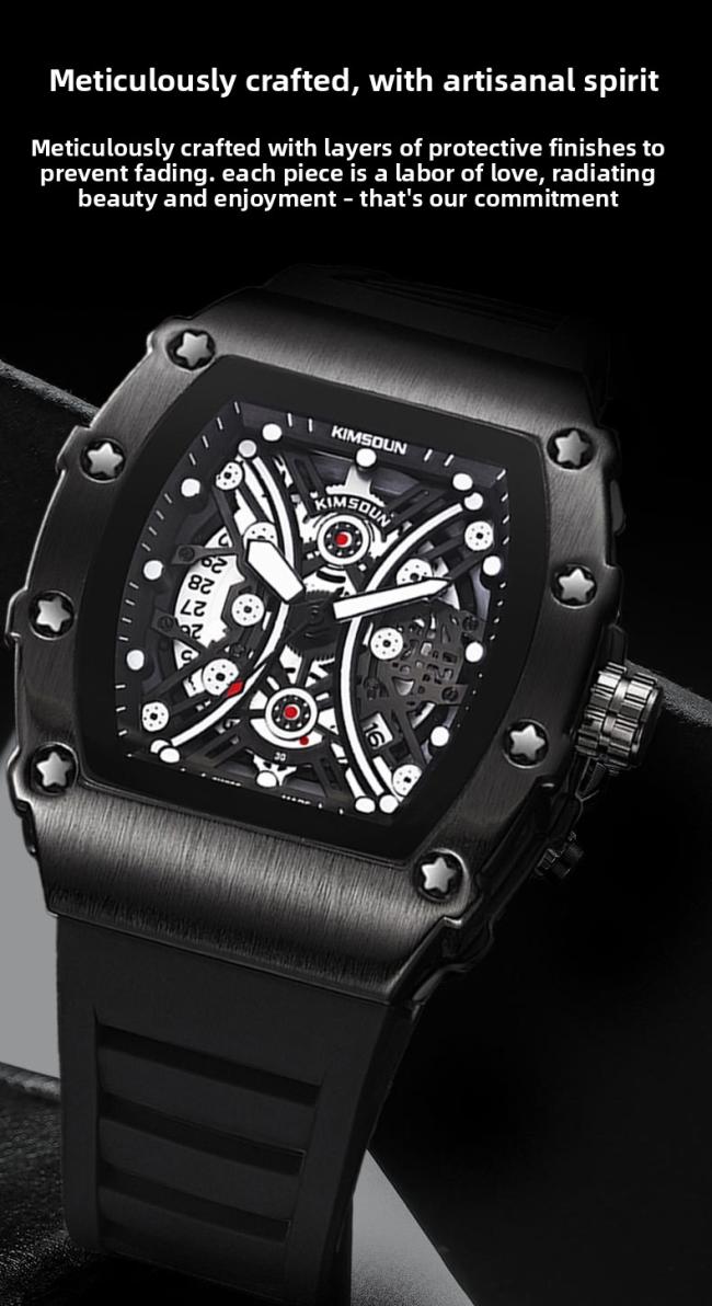 Men’s Tonneau Hollow‑Dial Quartz Watch, Stainless‑Steel Case Soft Silicone Strap Sports Wrist Watch