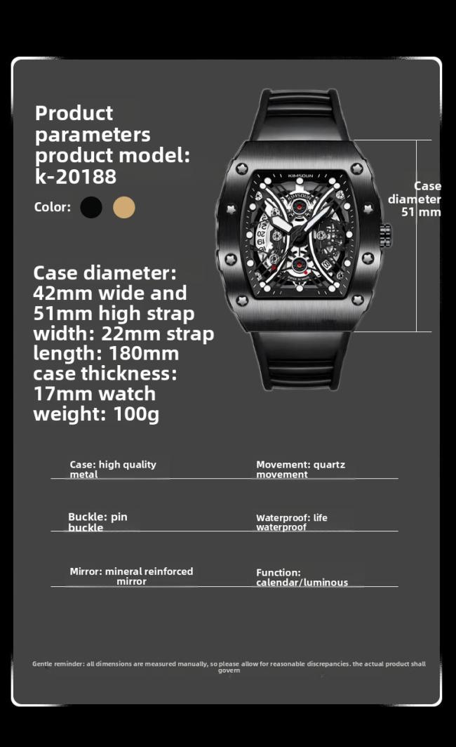 Men’s Tonneau Hollow‑Dial Quartz Watch, Stainless‑Steel Case Soft Silicone Strap Sports Wrist Watch