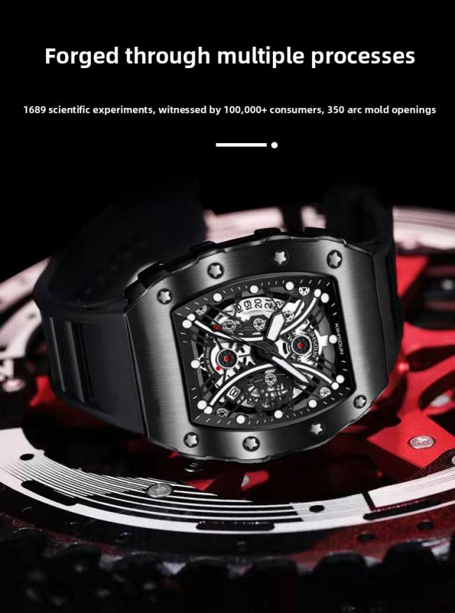 Men’s Tonneau Hollow‑Dial Quartz Watch, Stainless‑Steel Case Soft Silicone Strap Sports Wrist Watch