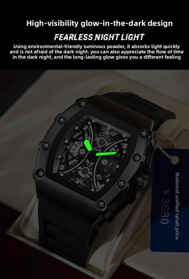 Men’s Tonneau Hollow‑Dial Quartz Watch, Stainless‑Steel Case Soft Silicone Strap Sports Wrist Watch