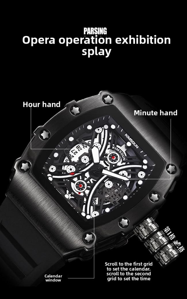 Men’s Tonneau Hollow‑Dial Quartz Watch, Stainless‑Steel Case Soft Silicone Strap Sports Wrist Watch