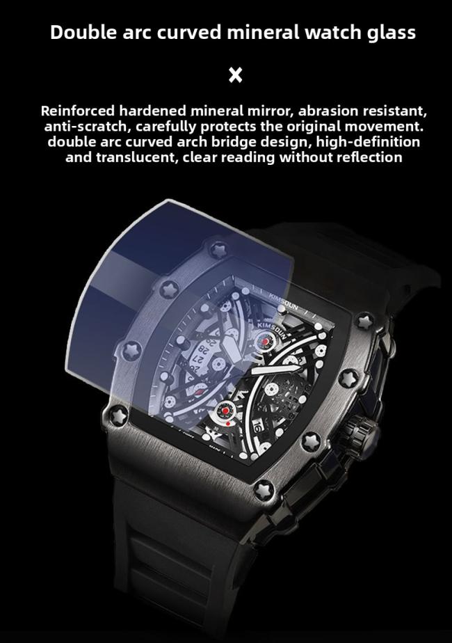 Men’s Tonneau Hollow‑Dial Quartz Watch, Stainless‑Steel Case Soft Silicone Strap Sports Wrist Watch