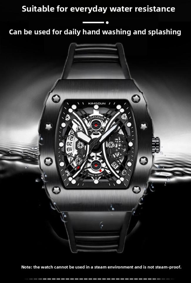Men’s Tonneau Hollow‑Dial Quartz Watch, Stainless‑Steel Case Soft Silicone Strap Sports Wrist Watch