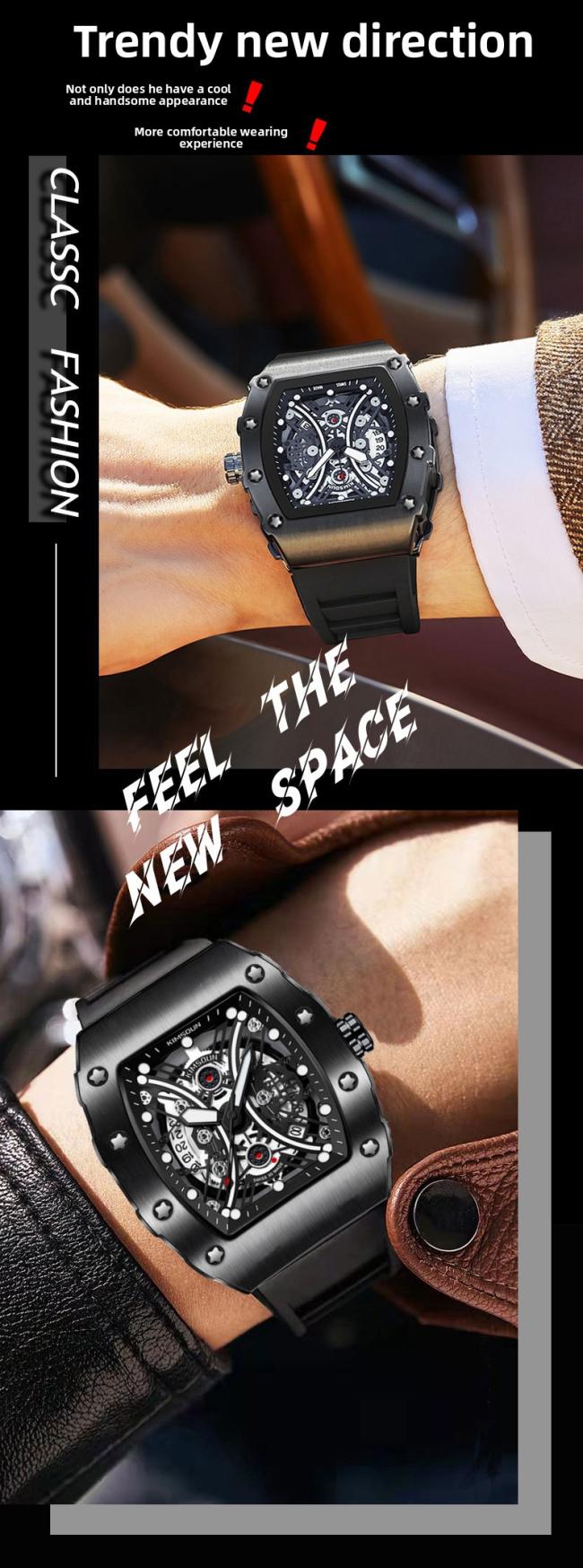Men’s Tonneau Hollow‑Dial Quartz Watch, Stainless‑Steel Case Soft Silicone Strap Sports Wrist Watch