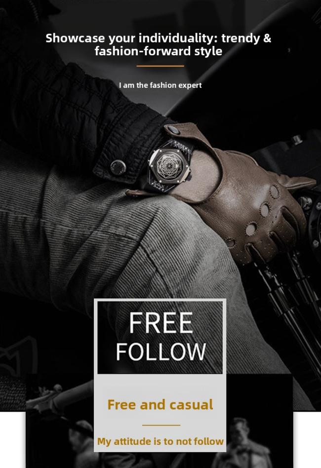 Men’s Tonneau Hollow‑Dial Quartz Watch, Stainless‑Steel Case Genuine Leather‑Strap Wrist Watch