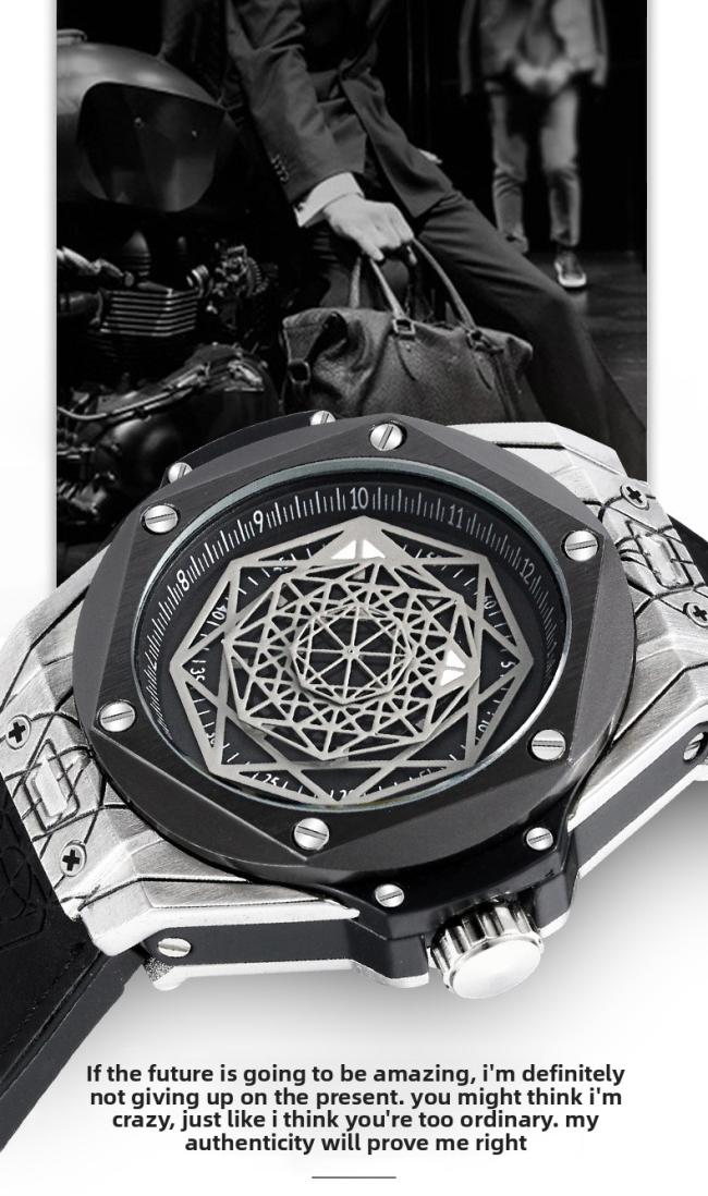 Men’s Tonneau Hollow‑Dial Quartz Watch, Stainless‑Steel Case Genuine Leather‑Strap Wrist Watch