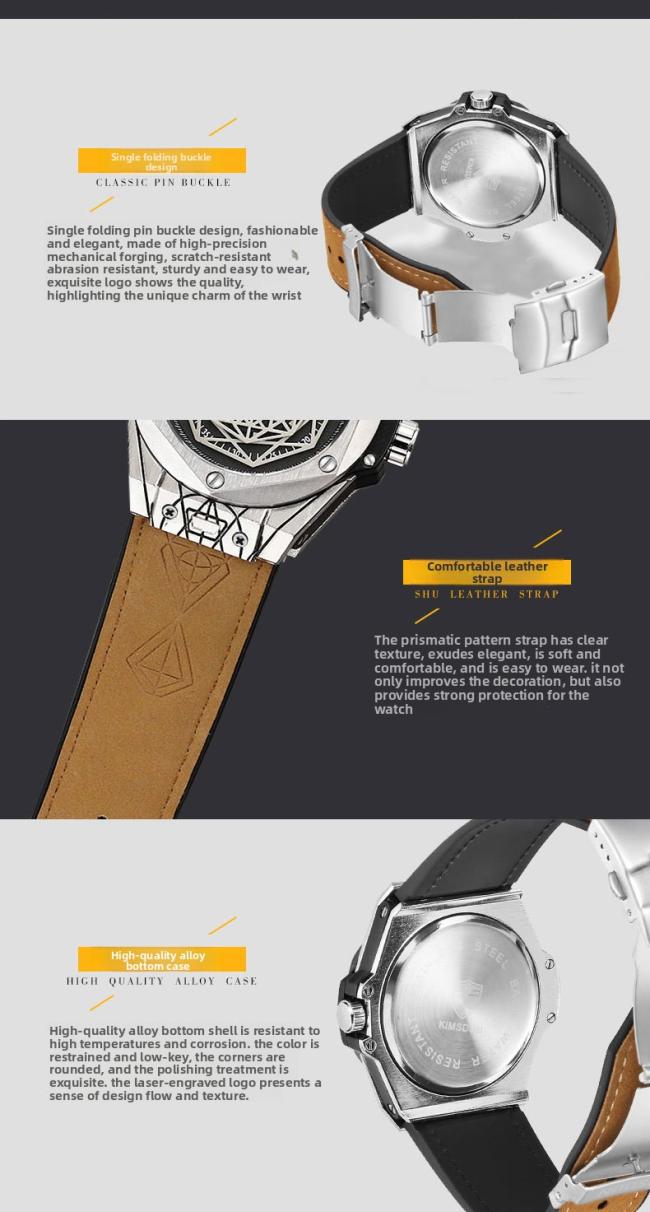 Men’s Tonneau Hollow‑Dial Quartz Watch, Stainless‑Steel Case Genuine Leather‑Strap Wrist Watch