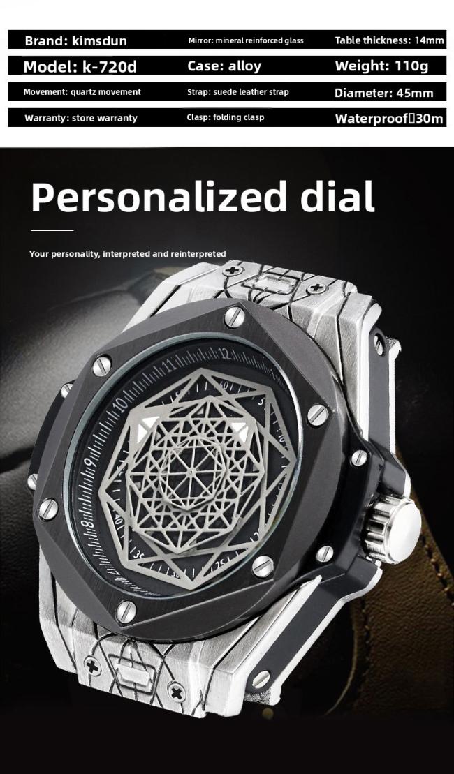 Men’s Tonneau Hollow‑Dial Quartz Watch, Stainless‑Steel Case Genuine Leather‑Strap Wrist Watch