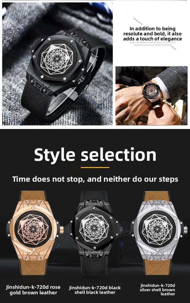 Men’s Tonneau Hollow‑Dial Quartz Watch, Stainless‑Steel Case Genuine Leather‑Strap Wrist Watch