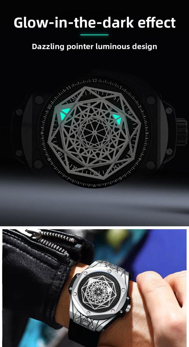 Men’s Tonneau Hollow‑Dial Quartz Watch, Stainless‑Steel Case Genuine Leather‑Strap Wrist Watch
