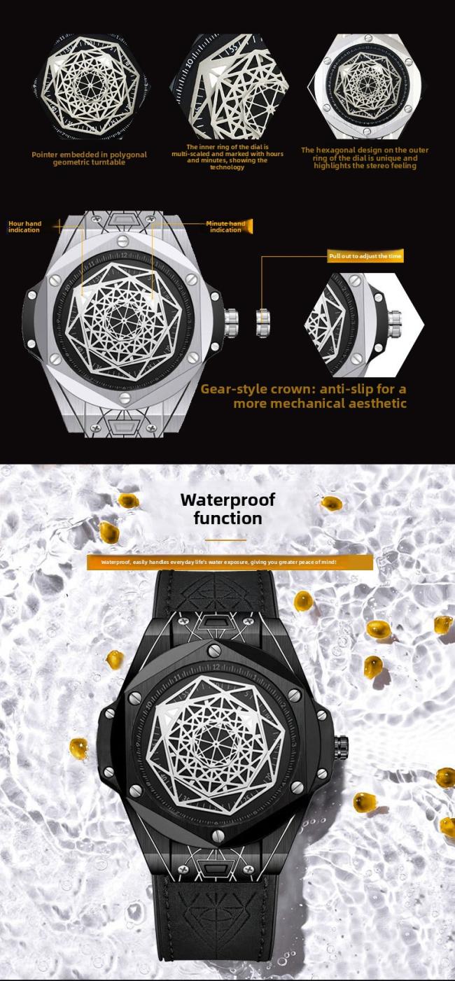 Men’s Tonneau Hollow‑Dial Quartz Watch, Stainless‑Steel Case Genuine Leather‑Strap Wrist Watch