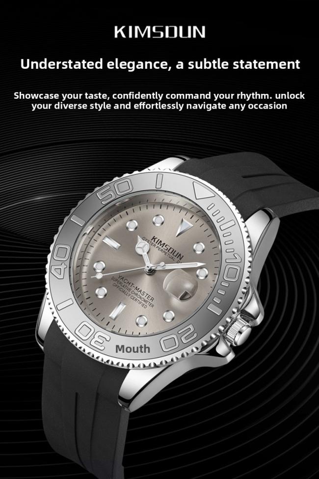 Men’s Yacht‑Master Style Quartz Watch, Stainless‑Steel Case Soft Silicone‑Strap Waterproof Sports Wrist Watch