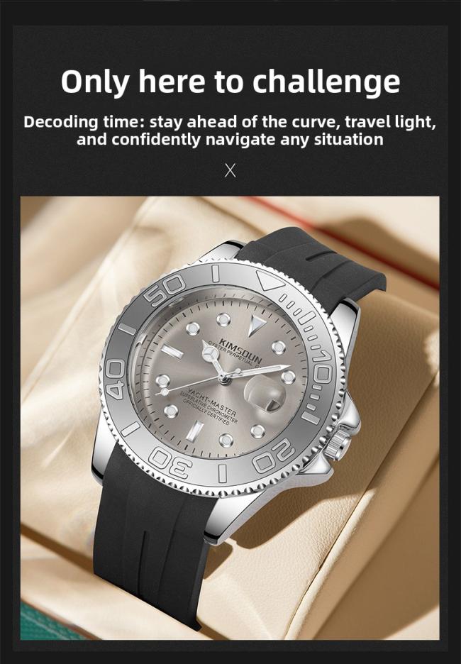 Men’s Yacht‑Master Style Quartz Watch, Stainless‑Steel Case Soft Silicone‑Strap Waterproof Sports Wrist Watch