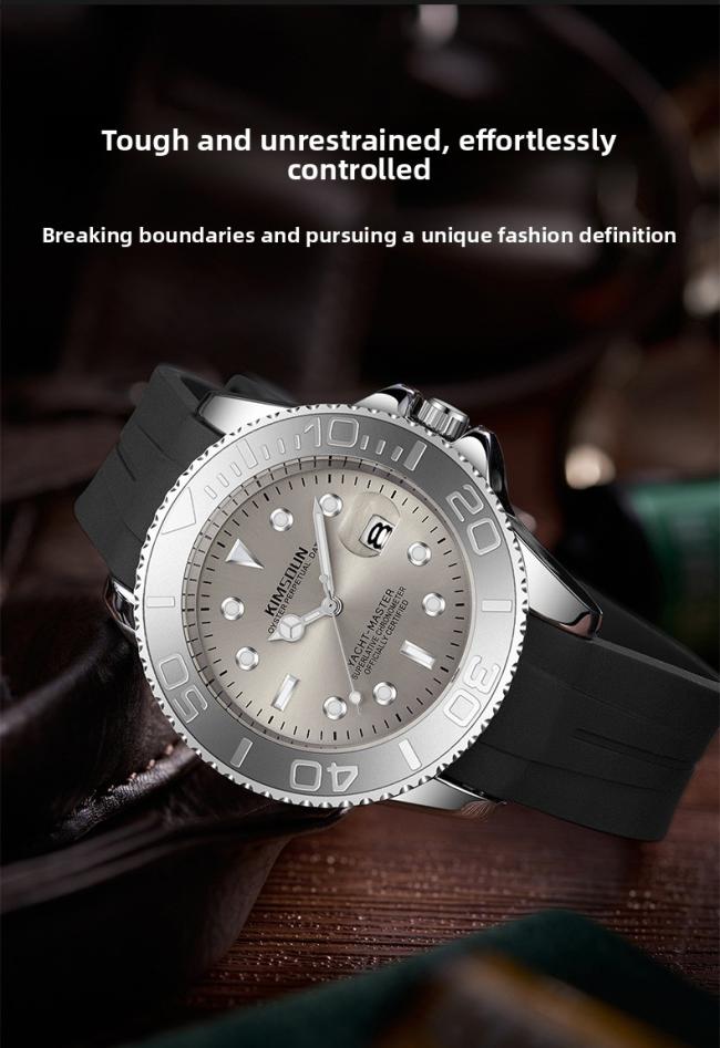 Men’s Yacht‑Master Style Quartz Watch, Stainless‑Steel Case Soft Silicone‑Strap Waterproof Sports Wrist Watch