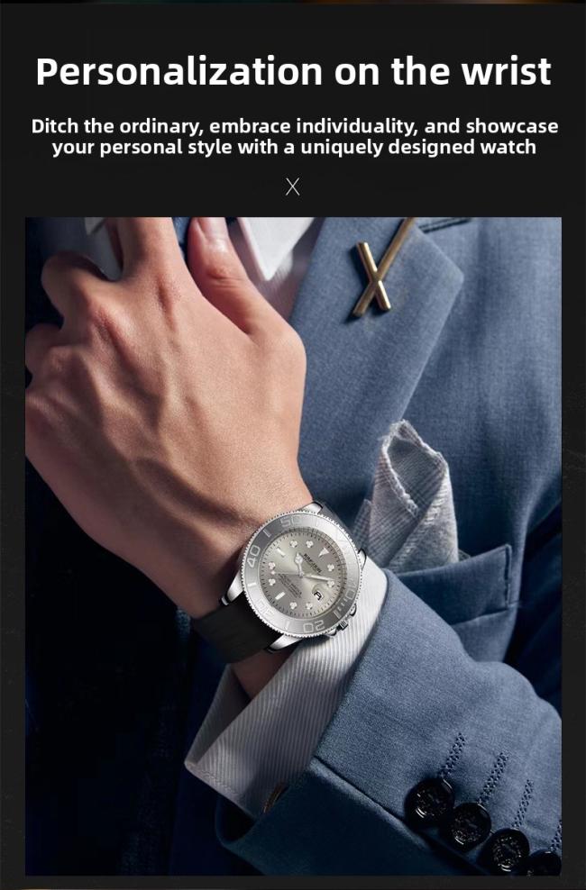 Men’s Yacht‑Master Style Quartz Watch, Stainless‑Steel Case Soft Silicone‑Strap Waterproof Sports Wrist Watch