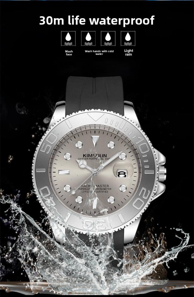 Men’s Yacht‑Master Style Quartz Watch, Stainless‑Steel Case Soft Silicone‑Strap Waterproof Sports Wrist Watch