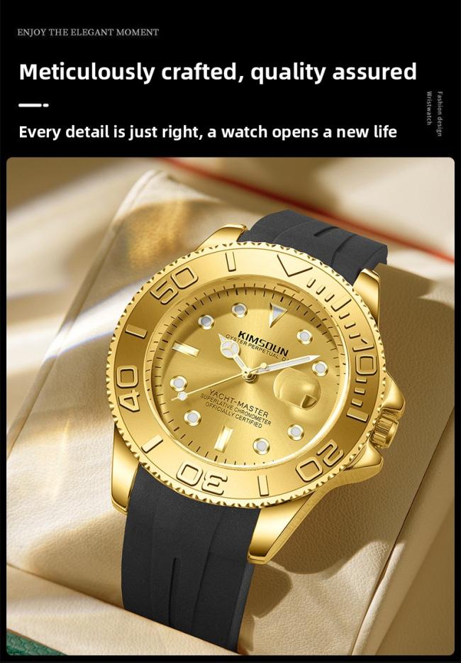 Men’s Yacht‑Master Style Quartz Watch, Stainless‑Steel Case Soft Silicone‑Strap Waterproof Sports Wrist Watch