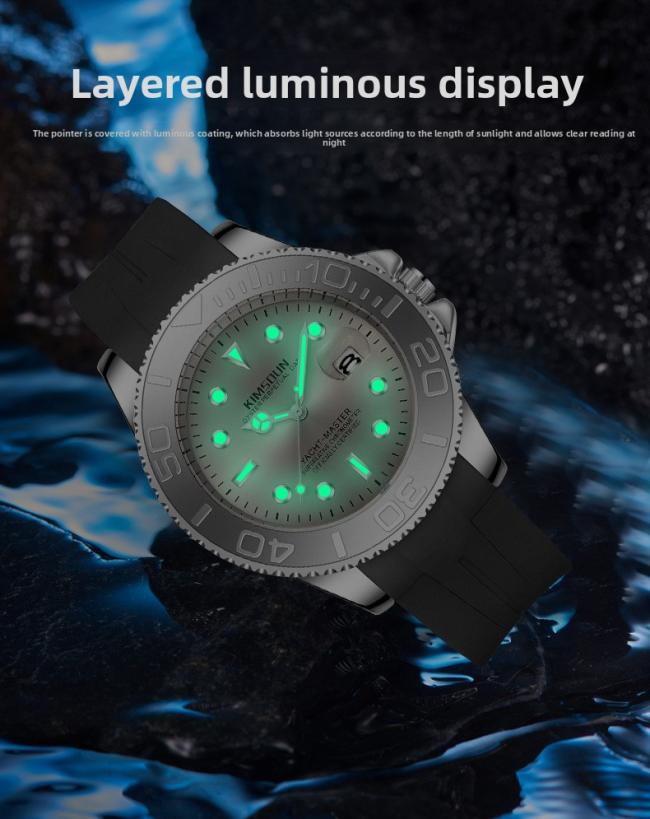 Men’s Yacht‑Master Style Quartz Watch, Stainless‑Steel Case Soft Silicone‑Strap Waterproof Sports Wrist Watch