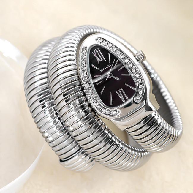 Snake Shaped Diamond Inlaid Women Quartz Watch Flexible Coil Metal Bracelet Wristwatch Luxury Fashion Ladies Dress Watch
