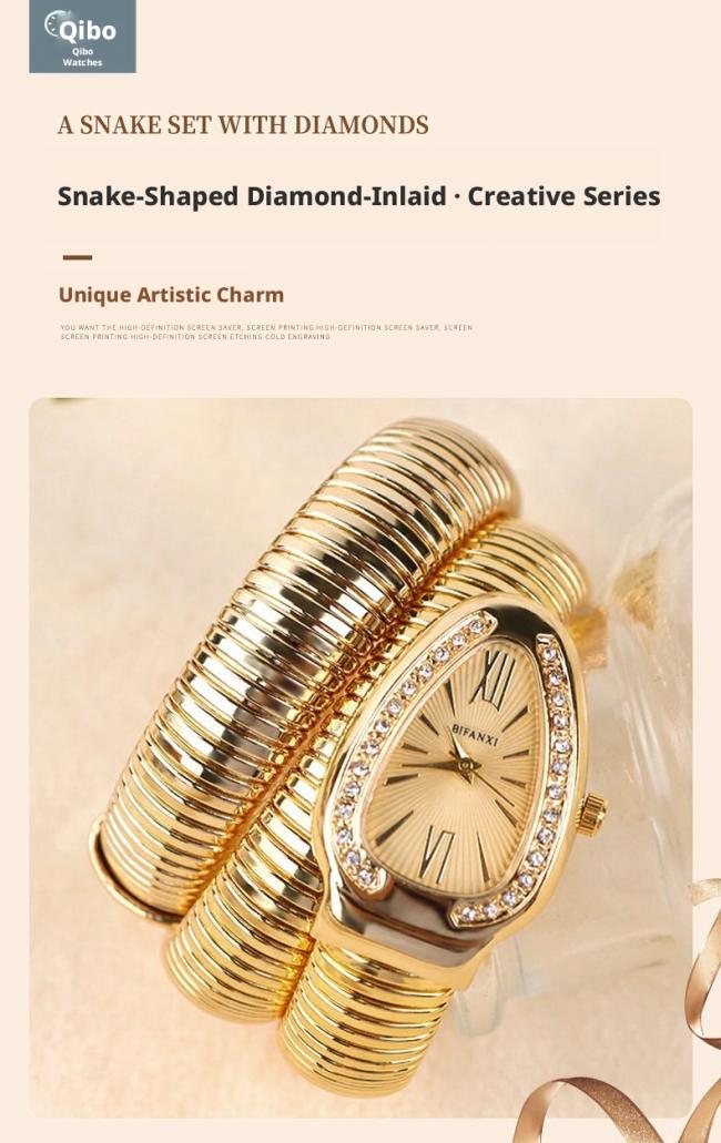 Snake Shaped Diamond Inlaid Women Quartz Watch Flexible Coil Metal Bracelet Wristwatch Luxury Fashion Ladies Dress Watch