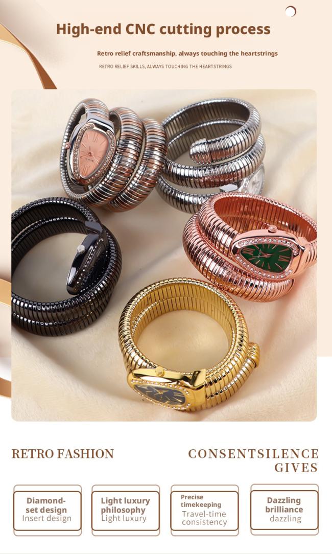 Snake Shaped Diamond Inlaid Women Quartz Watch Flexible Coil Metal Bracelet Wristwatch Luxury Fashion Ladies Dress Watch