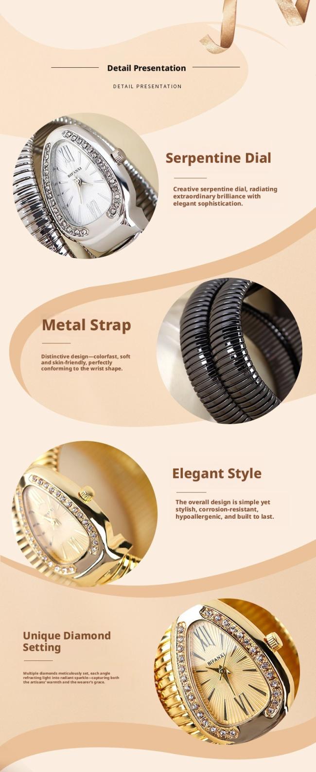 Snake Shaped Diamond Inlaid Women Quartz Watch Flexible Coil Metal Bracelet Wristwatch Luxury Fashion Ladies Dress Watch