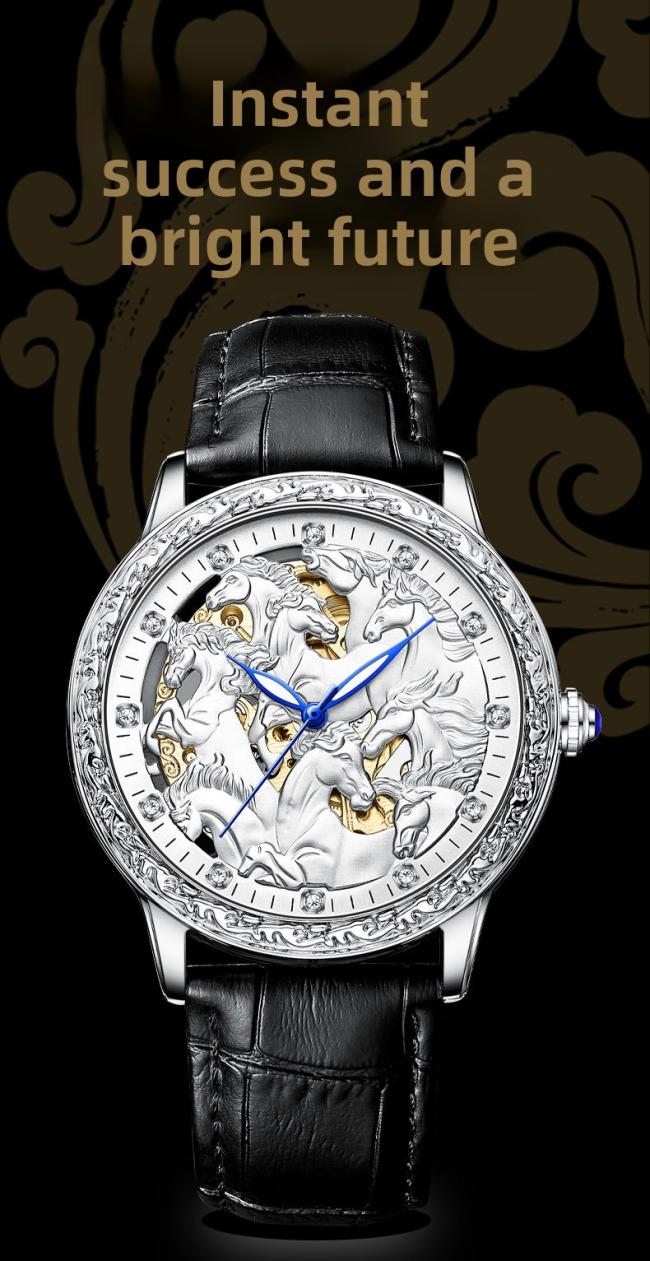 Men’s Hollow‑Dial Eight Horses Pattern Quartz Watch, Rose‑Gold Case Genuine Leather Strap Business Wrist Watch
