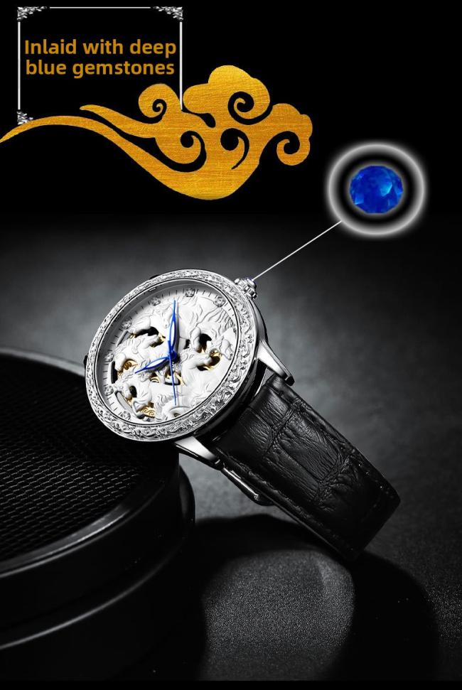 Men’s Hollow‑Dial Eight Horses Pattern Quartz Watch, Rose‑Gold Case Genuine Leather Strap Business Wrist Watch