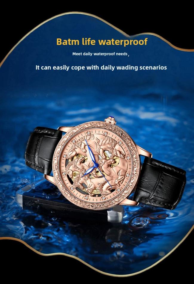 Men’s Hollow‑Dial Eight Horses Pattern Quartz Watch, Rose‑Gold Case Genuine Leather Strap Business Wrist Watch