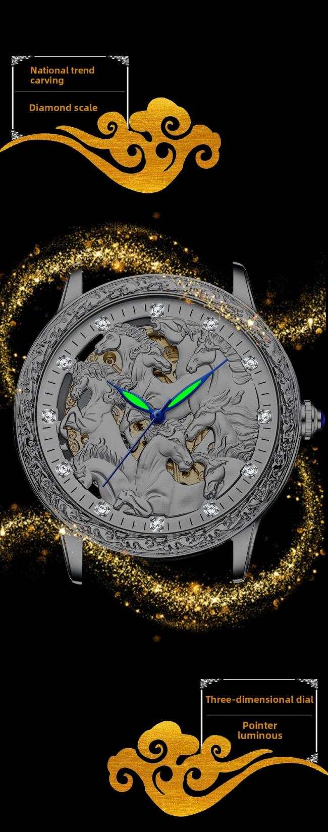 Men’s Hollow‑Dial Eight Horses Pattern Quartz Watch, Rose‑Gold Case Genuine Leather Strap Business Wrist Watch