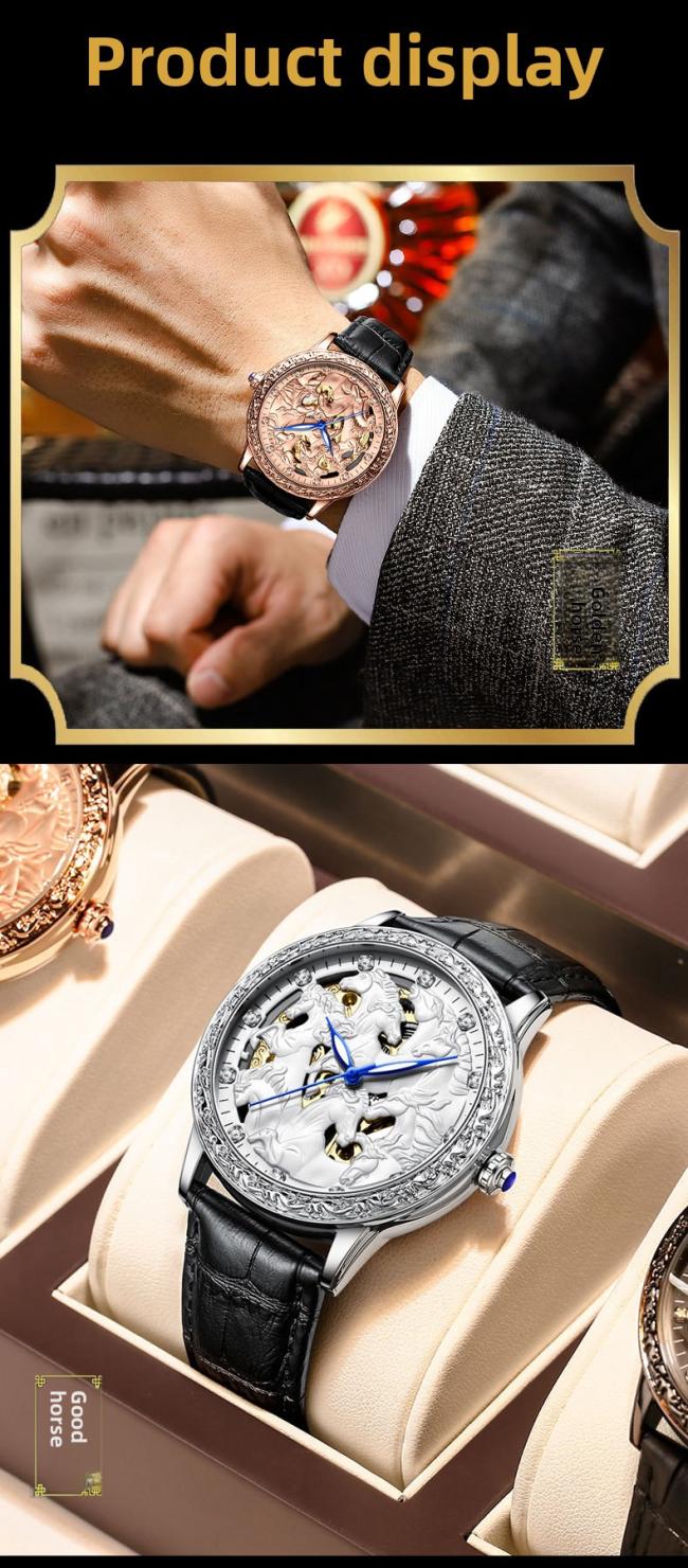 Men’s Hollow‑Dial Eight Horses Pattern Quartz Watch, Rose‑Gold Case Genuine Leather Strap Business Wrist Watch