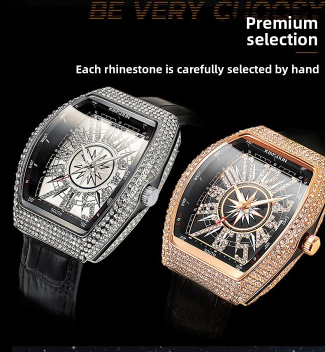 Men’s Tonneau‑Shape Hollow‑Dial Quartz Watch, Crystal‑Bezel Stainless‑Steel Band Business Wrist Watch