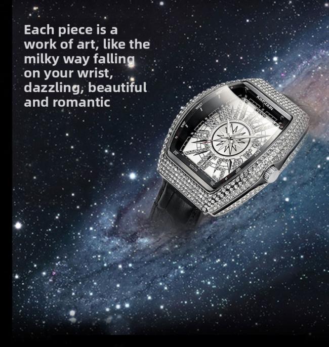 Men’s Tonneau‑Shape Hollow‑Dial Quartz Watch, Crystal‑Bezel Stainless‑Steel Band Business Wrist Watch