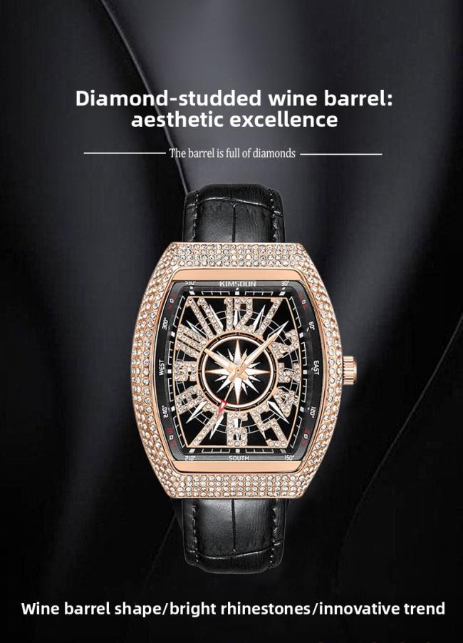 Men’s Tonneau‑Shape Hollow‑Dial Quartz Watch, Crystal‑Bezel Stainless‑Steel Band Business Wrist Watch