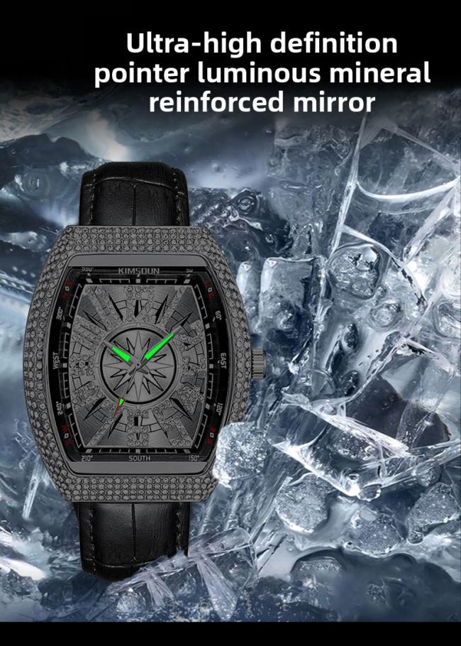 Men’s Tonneau‑Shape Hollow‑Dial Quartz Watch, Crystal‑Bezel Stainless‑Steel Band Business Wrist Watch