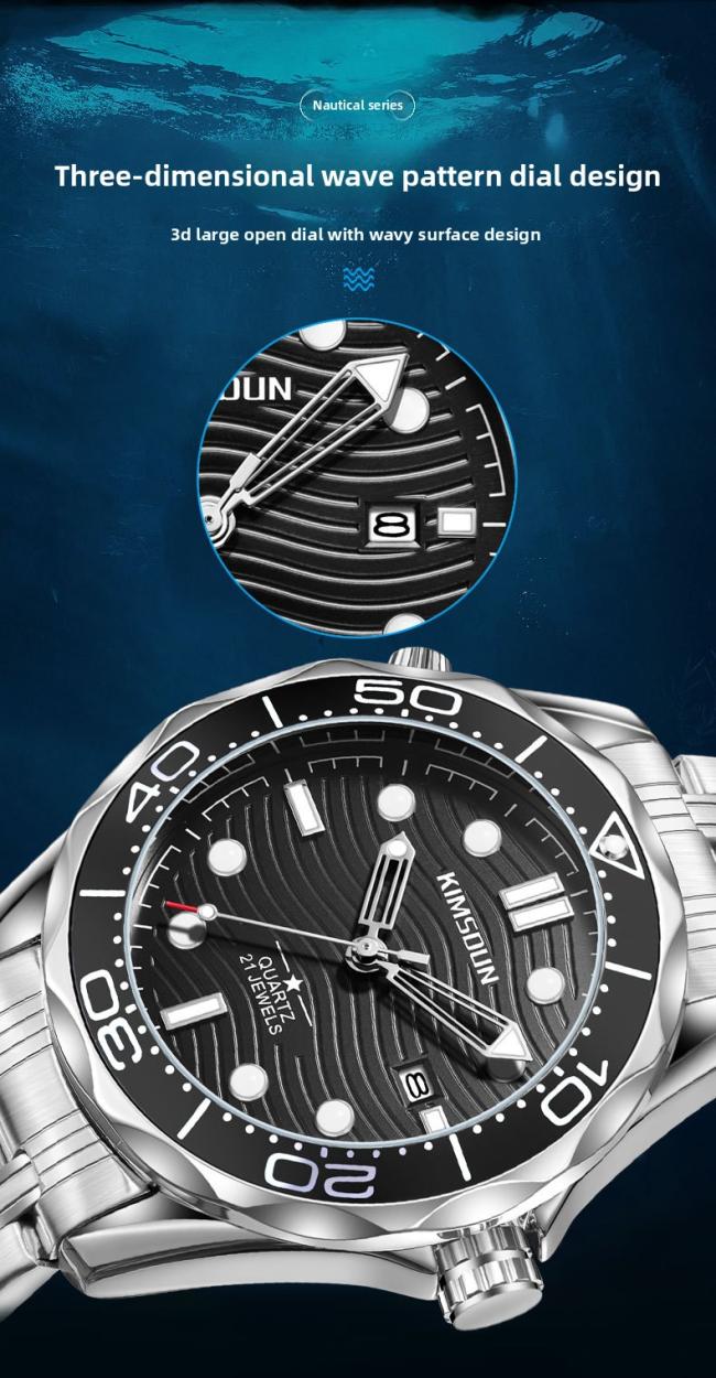 Men’s Diving‑Style Quartz Watch, 3D Wave‑Pattern Dial Stainless‑Steel Band Waterproof Wrist Watch