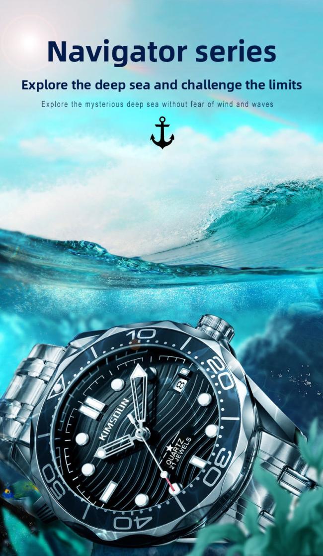 Men’s Diving‑Style Quartz Watch, 3D Wave‑Pattern Dial Stainless‑Steel Band Waterproof Wrist Watch