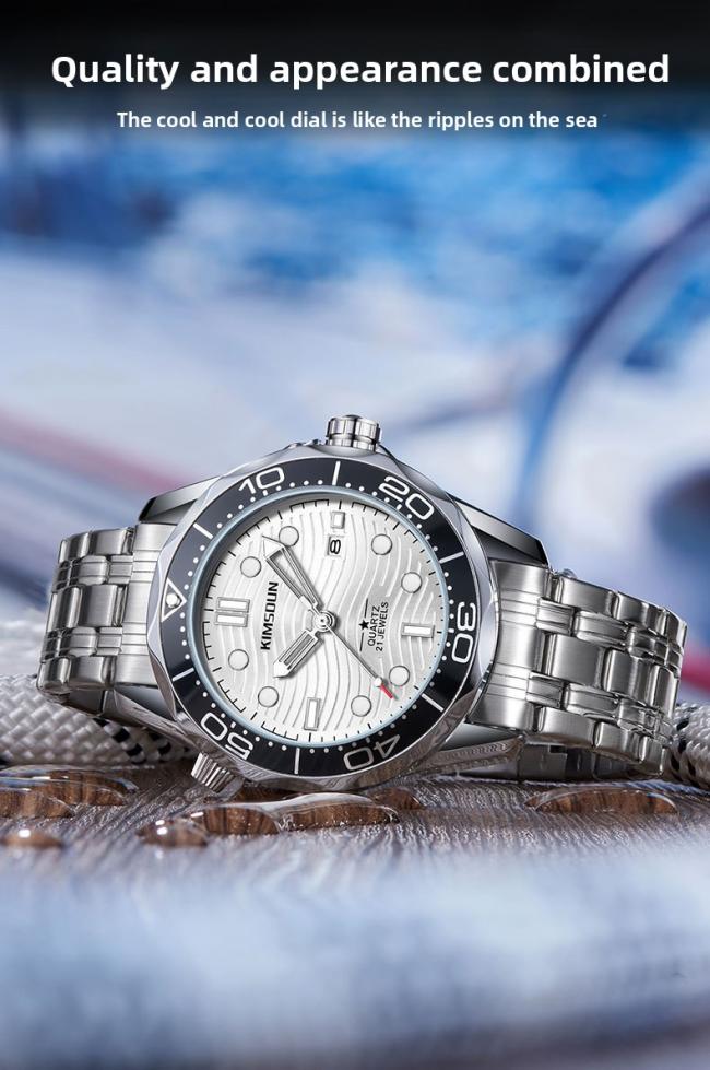 Men’s Diving‑Style Quartz Watch, 3D Wave‑Pattern Dial Stainless‑Steel Band Waterproof Wrist Watch
