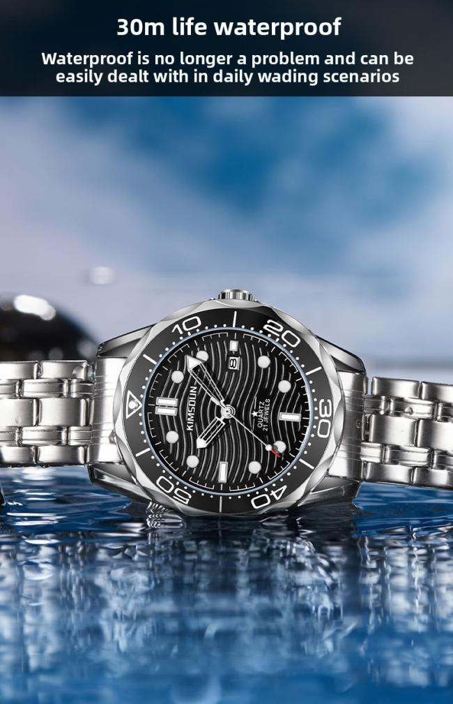 Men’s Diving‑Style Quartz Watch, 3D Wave‑Pattern Dial Stainless‑Steel Band Waterproof Wrist Watch