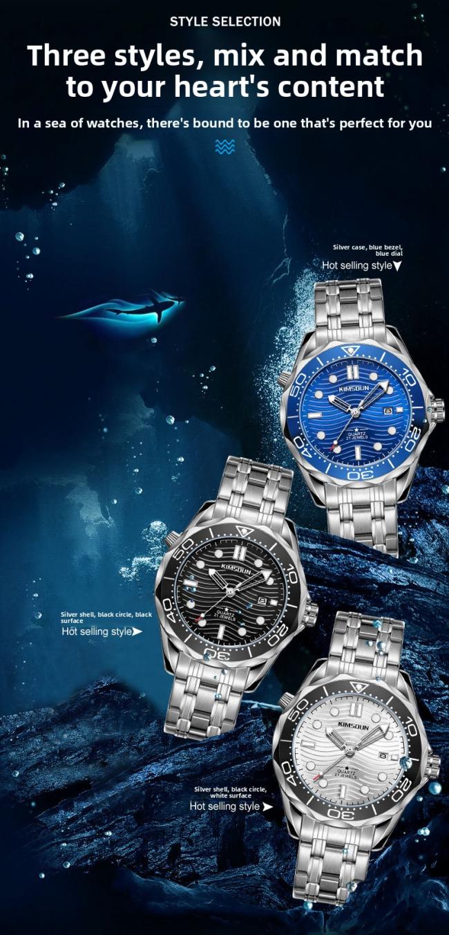 Men’s Diving‑Style Quartz Watch, 3D Wave‑Pattern Dial Stainless‑Steel Band Waterproof Wrist Watch
