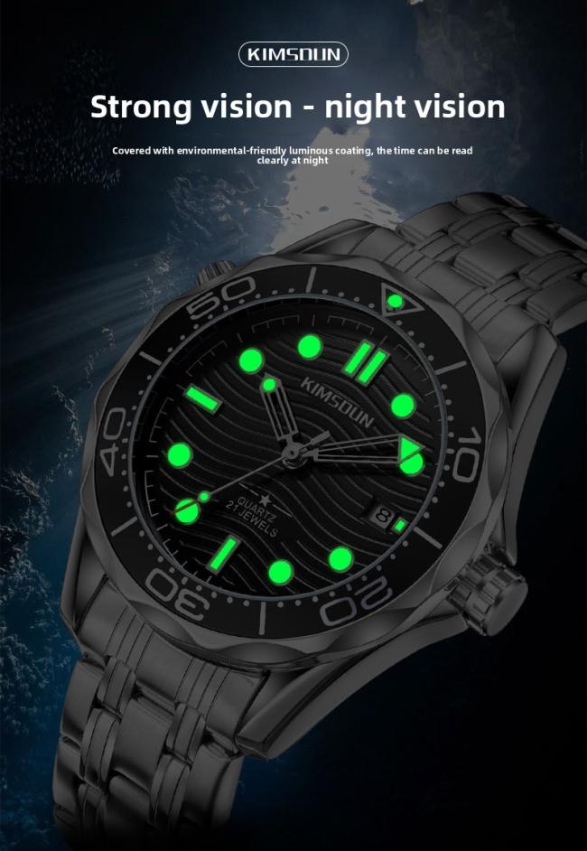 Men’s Diving‑Style Quartz Watch, 3D Wave‑Pattern Dial Stainless‑Steel Band Waterproof Wrist Watch
