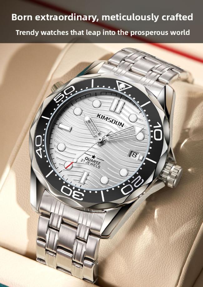 Men’s Diving‑Style Quartz Watch, 3D Wave‑Pattern Dial Stainless‑Steel Band Waterproof Wrist Watch