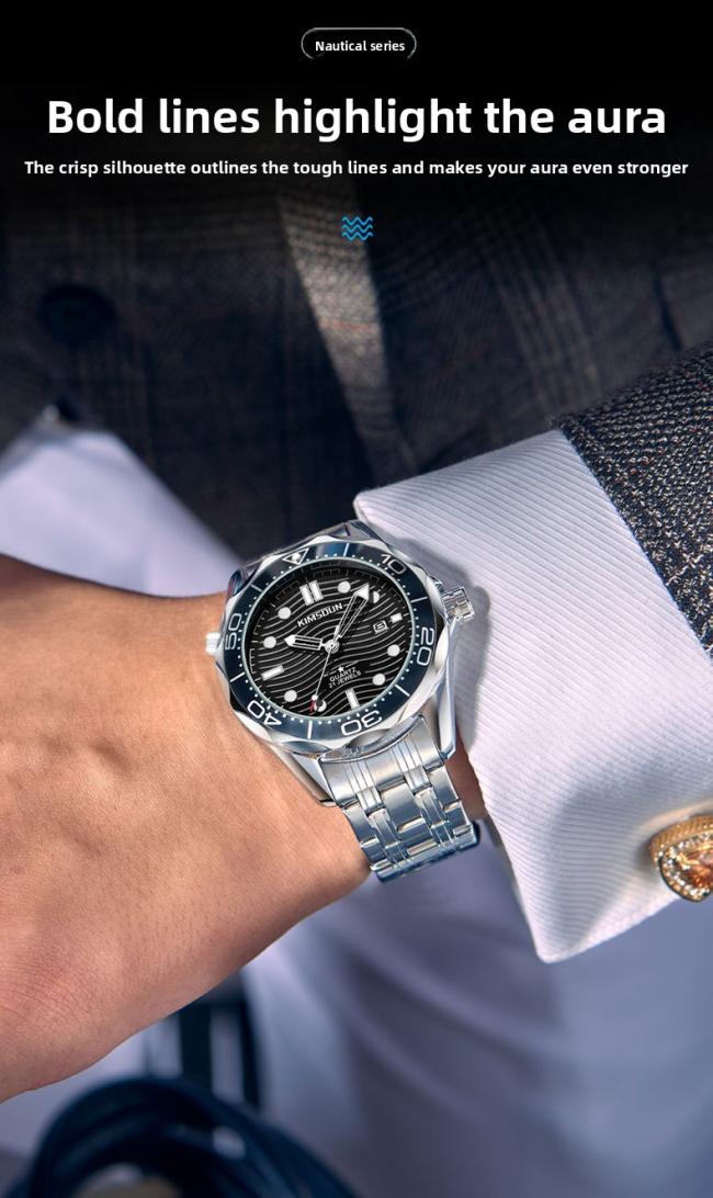 Men’s Diving‑Style Quartz Watch, 3D Wave‑Pattern Dial Stainless‑Steel Band Waterproof Wrist Watch