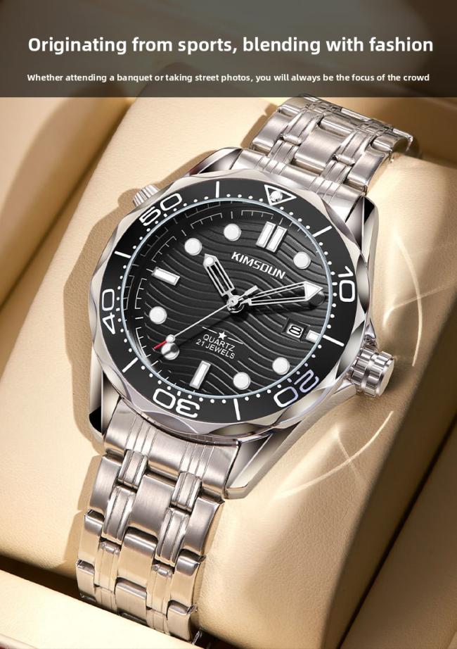 Men’s Diving‑Style Quartz Watch, 3D Wave‑Pattern Dial Stainless‑Steel Band Waterproof Wrist Watch