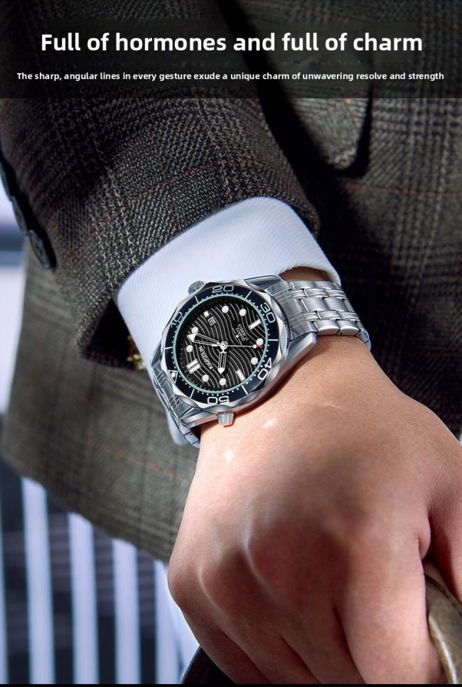 Men’s Diving‑Style Quartz Watch, 3D Wave‑Pattern Dial Stainless‑Steel Band Waterproof Wrist Watch