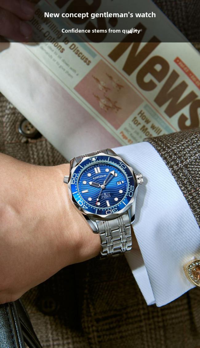 Men’s Diving‑Style Quartz Watch, 3D Wave‑Pattern Dial Stainless‑Steel Band Waterproof Wrist Watch