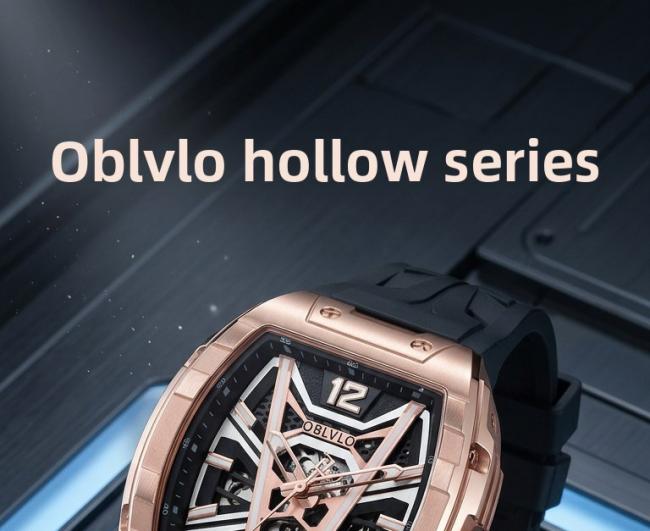 Oblvlo HollowâSeries Menâs TonneauâCase Quartz Watch, Soft SiliconeâBand Wrist Watch