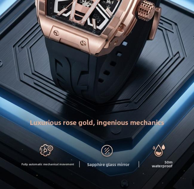 Oblvlo HollowâSeries Menâs TonneauâCase Quartz Watch, Soft SiliconeâBand Wrist Watch