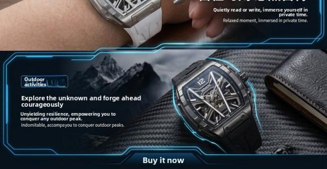Oblvlo HollowâSeries Menâs TonneauâCase Quartz Watch, Soft SiliconeâBand Wrist Watch